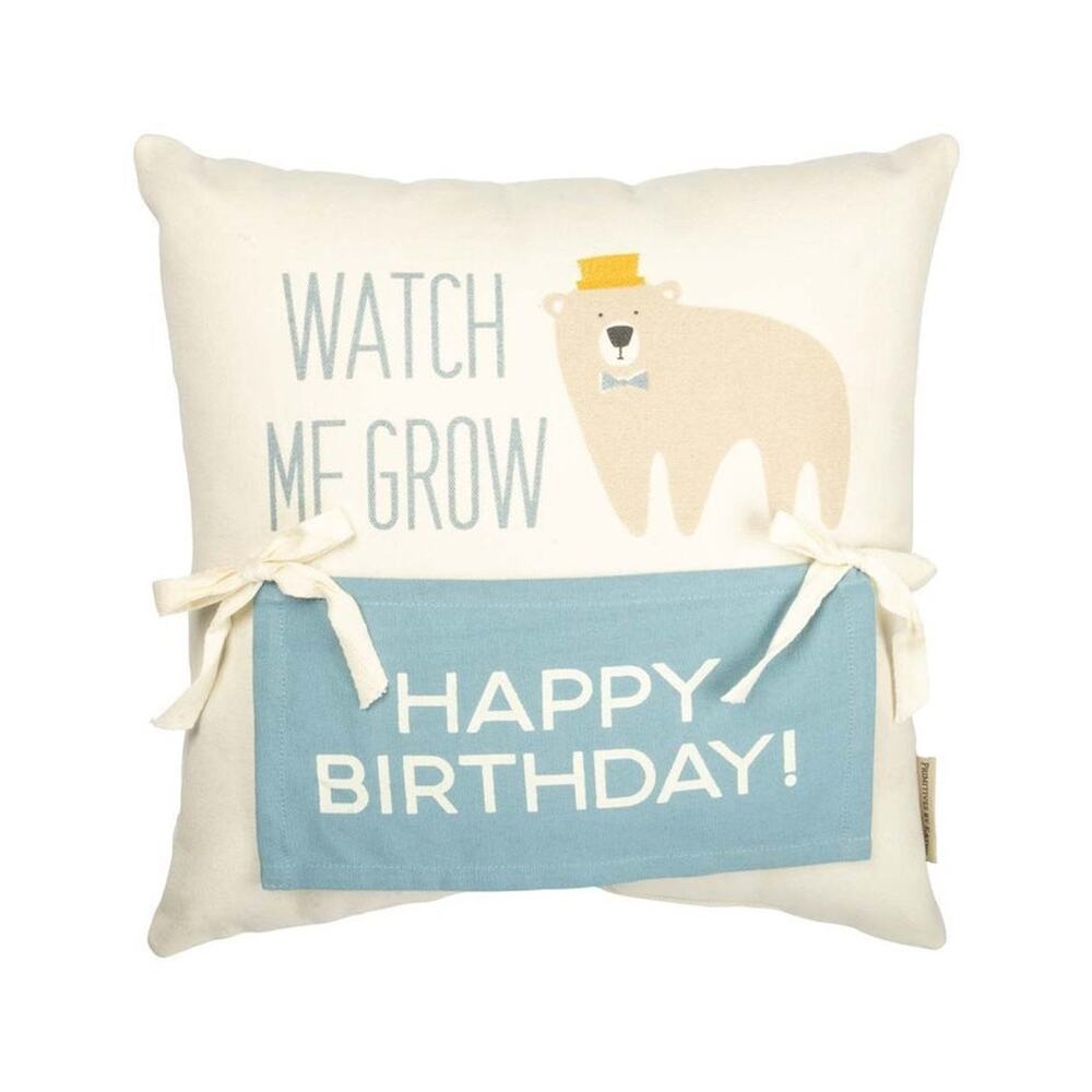 Primitives by Kathy MILESTONE PILLOW SET Cream & Blue 'Watch Me Grow' Bear NEW